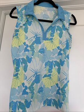 Light Blue and Yellow Floral Sleeveless Polo Tank Top